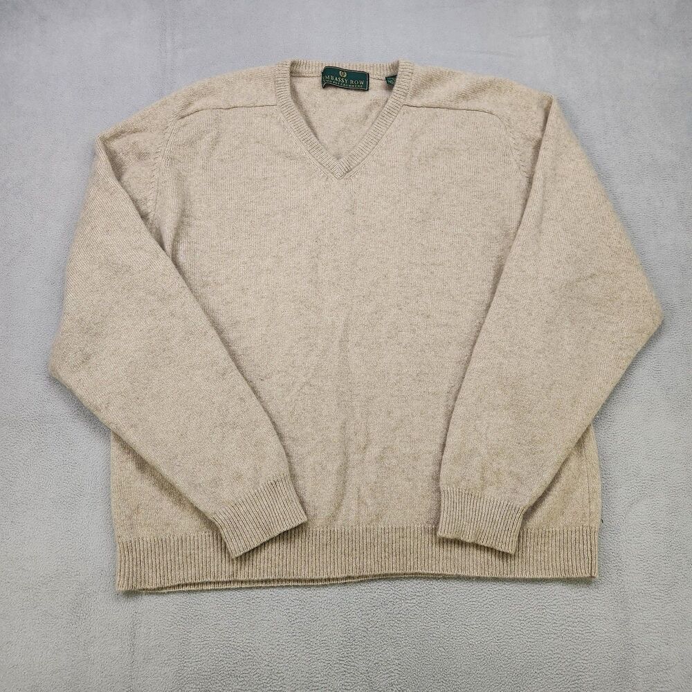 VTG Embassy Row 100% Cashmere Sweater Mens XL Beige V-Neck Pullover Two-Ply Knit